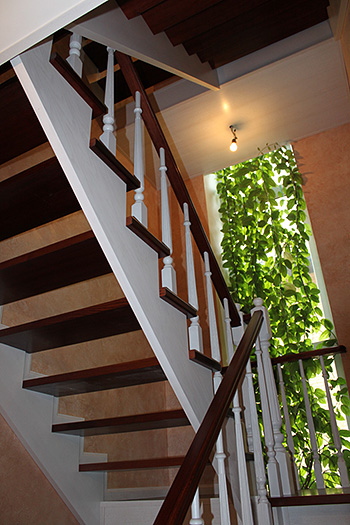 220. Двухцветная П-образная деревянная лестница с подъёмом на два этажа